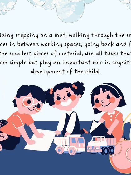 This series of graphics explains the importance of "Learning in Motion," showing how freedom of movement is essential for a child's concentration, understanding, and motor development.