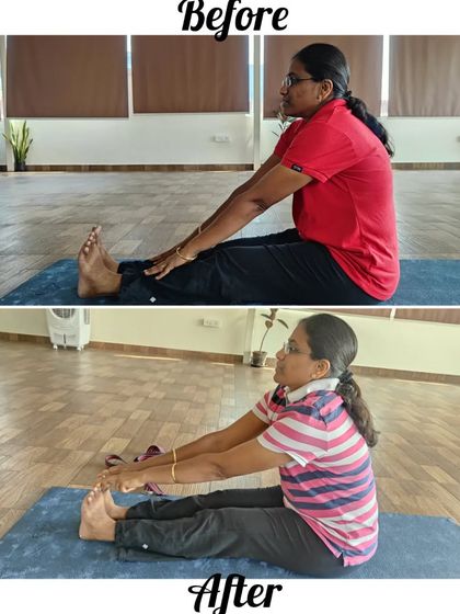 Flexibility is earned. In the 'before' photo, this student struggled with the forward bend (Paschimottanasana). The 'after' photo shows a huge improvement in her hamstring and back flexibility, all thanks to her patience and consistency.