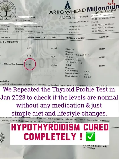 This is what's possible with Ayurveda. This report shows a client's thyroid levels returning to normal after my treatment plan, completely reversing their hypothyroidism and freeing them from daily medication.