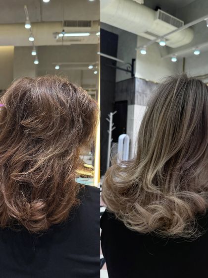 Before and after of a balayage transformation. We took her from a warmer, more solid color to a dimensional, cool-toned blonde with beautiful depth and contrast.