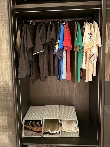 This section is perfect for everyday wear. T-shirts are hung for easy access, while folded items are stored in bins below, keeping the space tidy and functional.