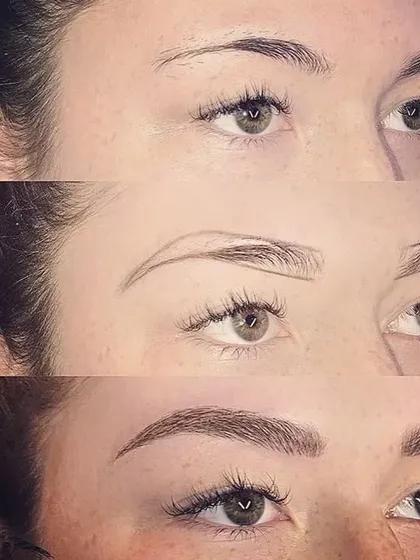 My microblading service is a meticulous process. This shows the transformation from the client's natural brow, to the precise mapping I do to create the ideal shape, and finally the beautiful, filled-in result that looks polished yet natural.