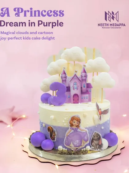 A princess dream in purple for a magical third birthday. This cake brings a fairytale to life with a castle, fluffy fondant clouds, and beloved characters, all designed to match a royal celebration.