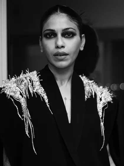 A close-up black and white portrait of Anasuya Sengupta. For me, monochrome is perfect for stripping away distractions and focusing on the raw emotion and strength in someone's eyes.