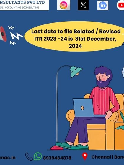 This is a final reminder that the last date to file a belated or revised ITR for the financial year 2023-24 is December 31, 2024. Don't miss this opportunity to complete your tax compliance.