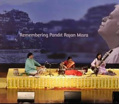 A performance in remembrance of Pandit Rajan Mishra ji. The backdrop with his image created a very poignant atmosphere for the music.