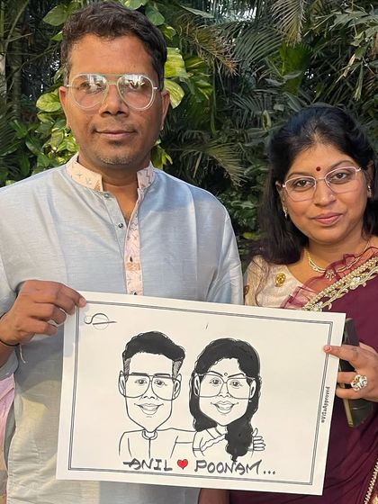 Capturing a special moment for this lovely couple during a wedding celebration at the Taj Land's End, Mumbai. A classic black and white caricature makes for a timeless keepsake.