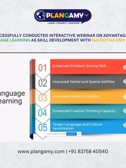 This slide from our webinar with Galgotias University outlines the key cognitive benefits of language learning, such as enhanced problem-solving and improved memory.