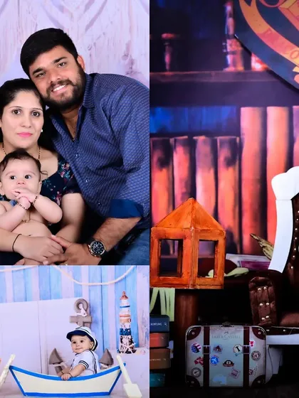 A collage featuring a family portrait, a Harry Potter theme, and a sailor theme, demonstrating the variety of shoots available.