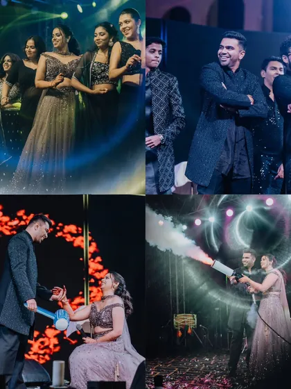 A collage from Dhwani and Aarshadd's Sangeet night, filled with dance performances, stage effects, and high-energy fun.