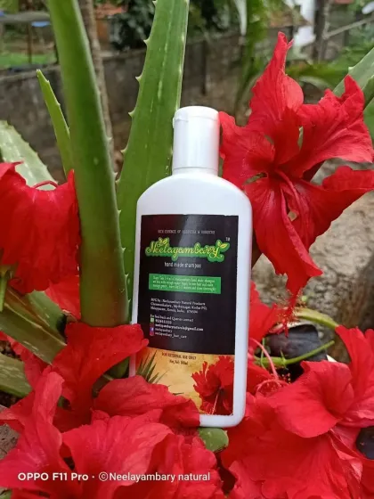 My Hibiscus Aloevera shampoo, surrounded by the fresh ingredients I use. I still remember making thaali from hibiscus flowers as a child. This shampoo brings back that nostalgia and natural goodness, without any of the harsh chemicals.