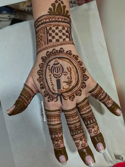 A design for Hanuman Jayanti. The centerpiece is a portrait of Lord Hanuman with his mace, a symbol of strength and devotion.