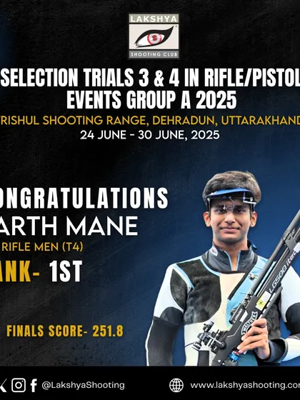 A brilliant first place finish for Parth Mane in the 10m Air Rifle Men event at Selection Trial 4 in Dehradun, with a finals score of 251.8.