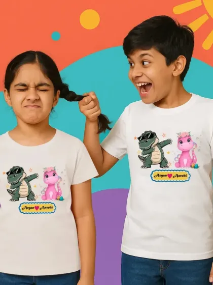 Personalized sibling tees featuring cute dinosaur and unicorn characters with their names, "Arjun" and "Aarohi." A great way to make kids feel special.