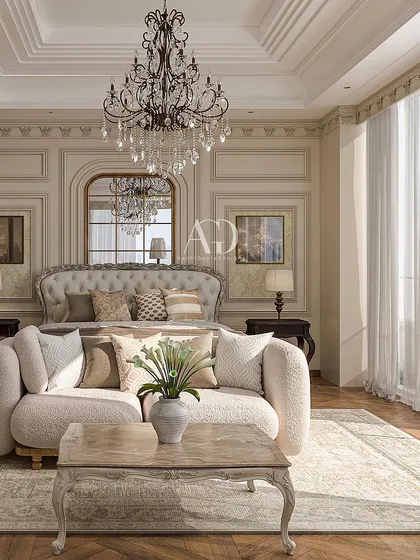 This bedroom is an oasis of elegance and comfort, featuring a harmonious blend of lavish textures and refined aesthetics. The design showcases bespoke craftsmanship, from the paneled walls to the custom upholstered bed.