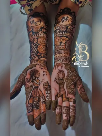 Henna can tell a story. Here, I created a unique design that tells the couple's story across both palms. I love teaching my students how to bring these personal ideas to life.