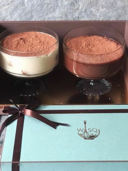 Our Tiffany blue twin gift box, opened to reveal the Dark Chocolate Mousse and Classic Tiramisu inside. This is one of our most popular pairings.