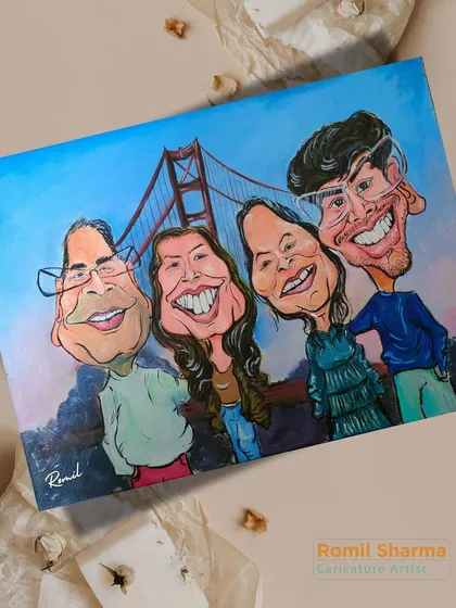 Another angle of the happy family at the Golden Gate Bridge. The bright blue sky and warm tones make this a cheerful and memorable piece of custom art.