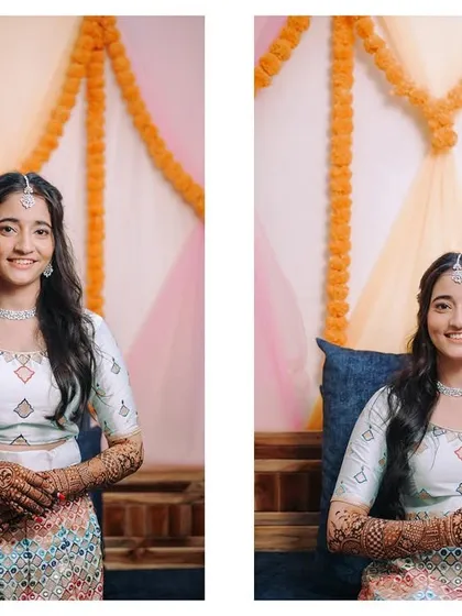 A diptych of the bride posing with her mehndi. This shows off both her full look and a closer view of the henna art.