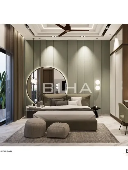 For this son's bedroom, we introduced a vibrant sage green accent wall to create a refreshing yet sophisticated atmosphere. A large, backlit circular mirror serves as a modern focal point, while full-height windows allow abundant natural light to fill the space. The design balances youthful energy with timeless style.