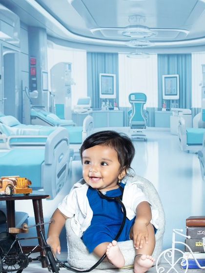 A future lifesaver in the making. This little doctor is all smiles in a futuristic hospital setting, ready for his first patient.