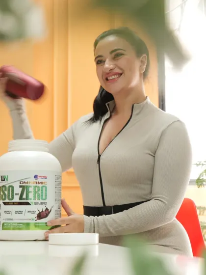 This lifestyle shot shows Dynamic ISO-ZERO whey protein in a real-world fitness context. Using a model helps customers visualize themselves using the product, which is a powerful tool for health and wellness brands looking to connect with their audience.