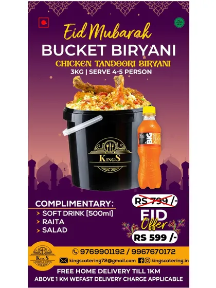 Our special Eid offer for a bucket of Chicken Tandoori Biryani. It serves 4-5 people and comes with a soft drink, raita, and salad. A perfect way to celebrate Eid without any hassle.