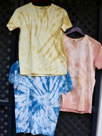 Another look at the variety of tie-dyed tees I create. These are perfect for anyone looking to add a touch of handmade, sustainable style to their wardrobe.