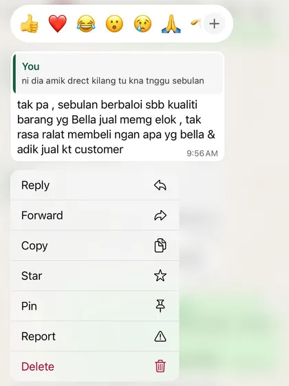 "Barang yg Bella jual mmg elok, tak rasa ralat membeli" (The items Bella sells are really good, no regrets buying). Thank you for trusting me and my sister with your purchases!