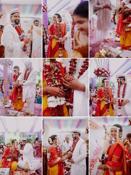 A grid collage showcasing various rituals from a Maharashtrian wedding, including the Varmala, Kanyadaan, and Pheras.