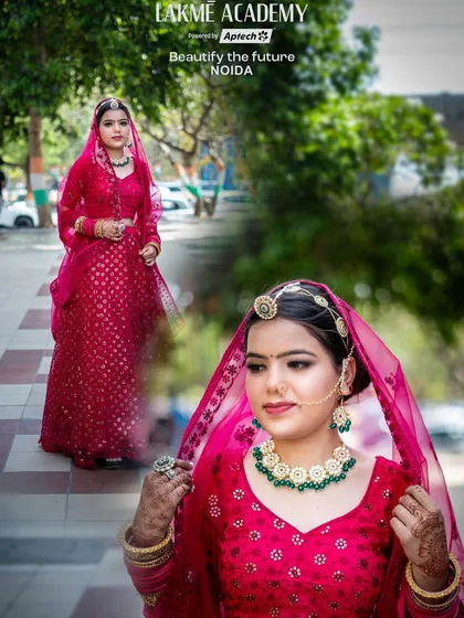 This student portfolio piece showcases a modern bridal look with a pink lehenga and emerald jewelry. We teach our students to create diverse looks for different wedding functions and themes.