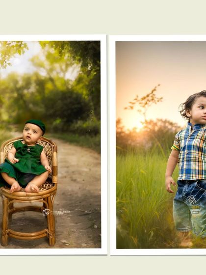 A comparison of two outdoor settings for baby and toddler photography, one on a rustic path and the other in a golden field at sunset.