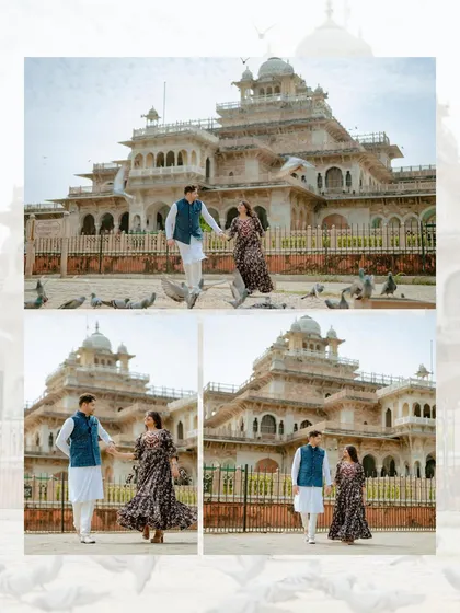 A collage of Nischal and Adithi's casual shoot at Albert Hall Museum, capturing their relaxed and happy interactions.