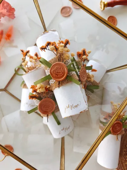 These handwritten letters, styled as rustic scrolls with dried flowers and wax seals, are designed to convey deep emotions with elegance. They are perfect for wedding vows or any heartfelt message.