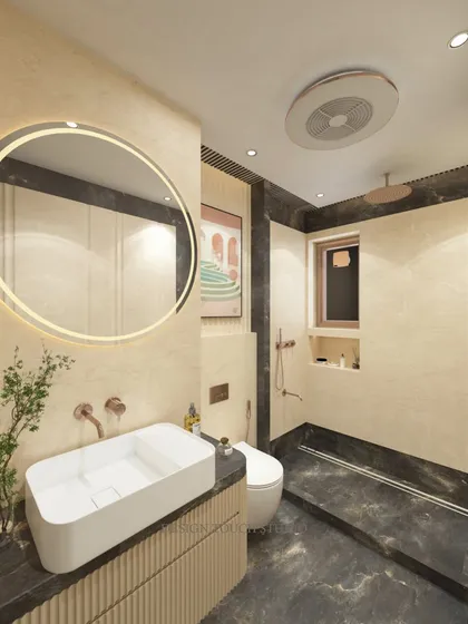 A wide-angle render of the bathroom, showing the harmonious blend of different materials, textures, and lighting.