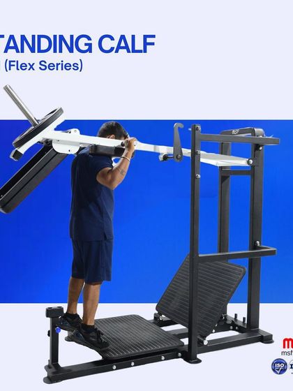 A user performing a standing calf raise on the 3-in-1 Pendulum Squat machine. The versatile design allows for quick transitions between exercises for an efficient workout.