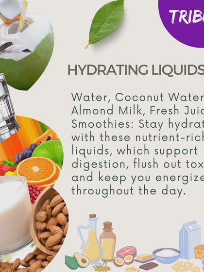Staying hydrated is key for energy and recovery. This graphic suggests nutrient rich liquids like water, coconut water, and smoothies to support digestion and flush out toxins.