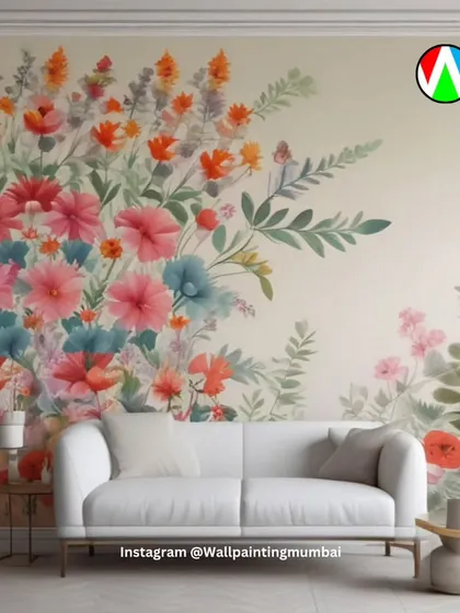 A floral theme can completely change the feel of a living room. This beautiful, soft floral mural was designed to create a welcoming and elegant atmosphere. Each flower and leaf is hand-painted to create a custom piece of art that complements the home's decor.
