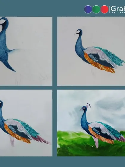 This image shows the four-step process of the peacock painting, from the first layer of color to the completed piece. We teach a systematic approach to watercolor.