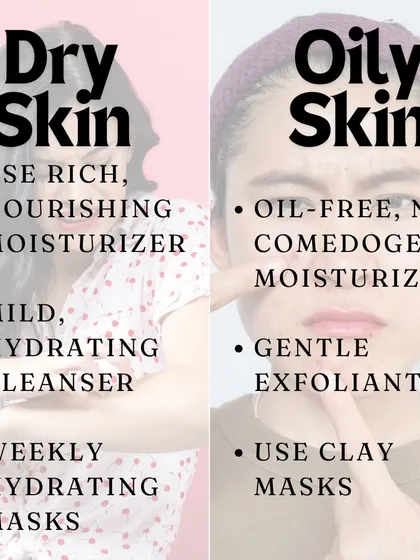 Tips for both skin types. Dry skin needs a rich, nourishing moisturizer and hydrating cleanser. Oily skin benefits from oil-free moisturizers and gentle exfoliants like clay masks.