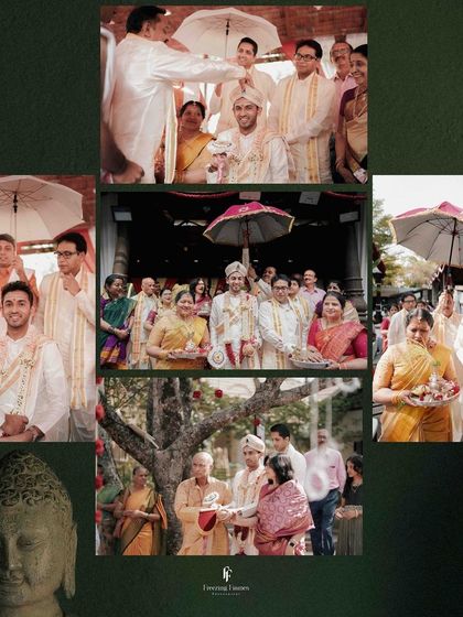 A collage from an intimate wedding, showing the groom's procession and rituals with close family. I cherish capturing the warmth of smaller celebrations.