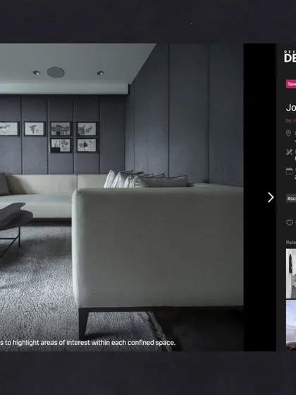 A screenshot of the Jor Bagh Residence home theatre featured on Design Dekko. The design intent was to create a cozy, immersive space for family entertainment.