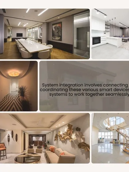 System integration involves connecting various smart devices to work together seamlessly. This collage shows a range of spaces, from conference rooms to living areas, where our integrated systems provide total control.