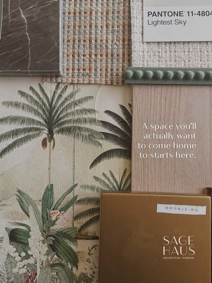 A space you will actually want to come home to starts here. This moodboard combines a tropical-themed wallpaper, a light wood sample, and a "Lightest Sky" Pantone chip to create a feeling of calm and escape.