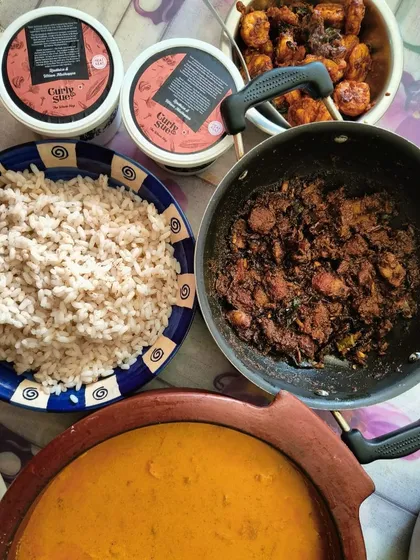 A wonderful meal prepared by a customer, featuring our Pork Ularthiyathu cooked with my estate's cold-pressed coconut oil. It's so rewarding to see my products become a part of your family's meals.