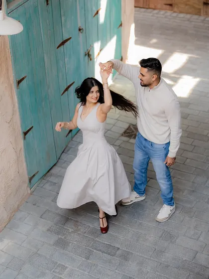 A spontaneous dance in the old-world alleys of Dubai. Pre-wedding shoots are about having fun and creating new memories. I encourage couples to interact naturally, and that’s when the most joyful and energetic shots happen.