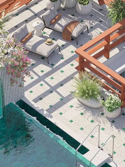 The rooftop of the Arte apartments is designed as a tropical retreat. Featuring a refreshing pool, stunning arches to cool the heat, and playful pops of color, this space is a direct reflection of Goan culture and our commitment to creating relaxing, modern living environments.