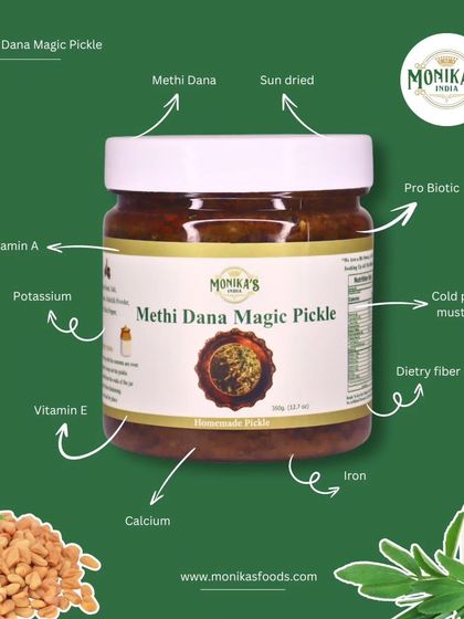 I use only the best ingredients in my Methi Dana Magic Pickle. This visual breaks down what goes into each jar: sun-dried fenugreek, cold-pressed mustard oil, and a host of vitamins and minerals.