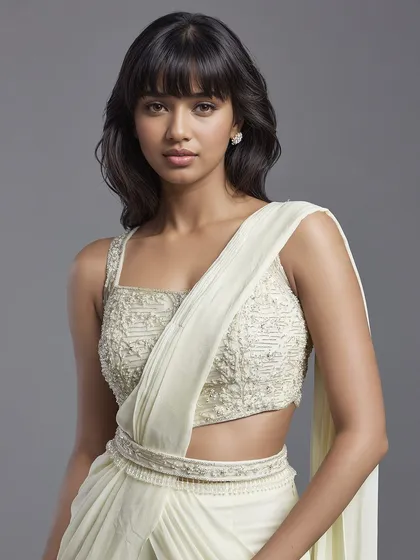 A close-up of the embellished blouse of the ivory sharara-saree, showcasing the intricate beadwork.