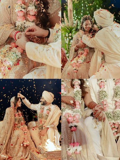 A colorful collage of the key rituals from a Sikh wedding. It shows the garland exchange, the tying of the knot, and the showering of petals, all moments of pure joy.